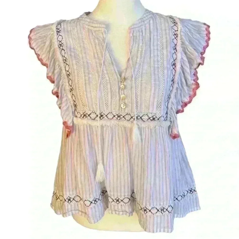 Lovestitch Boho Women’s Blouse Multicolored Striped Tie Keyhole Ruffles Cotton S